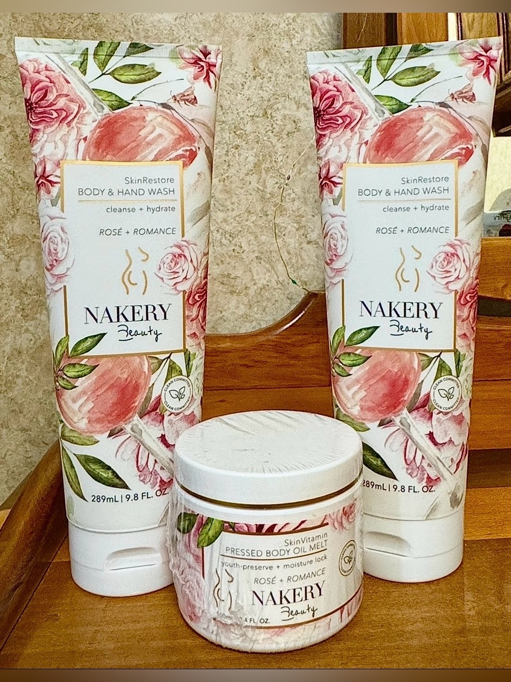 Nakery Beauty Rose + Romance Body & Hand Wash X2 and  Pressed Body Oil Melt Set